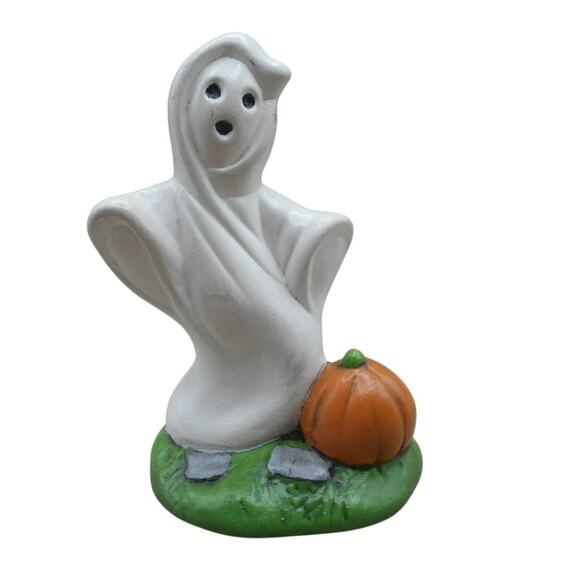 1985 Halloween Ceramic Ghost w/Pumpkin 3" Figure Hand Painted Vintage - Picture 1 of 6